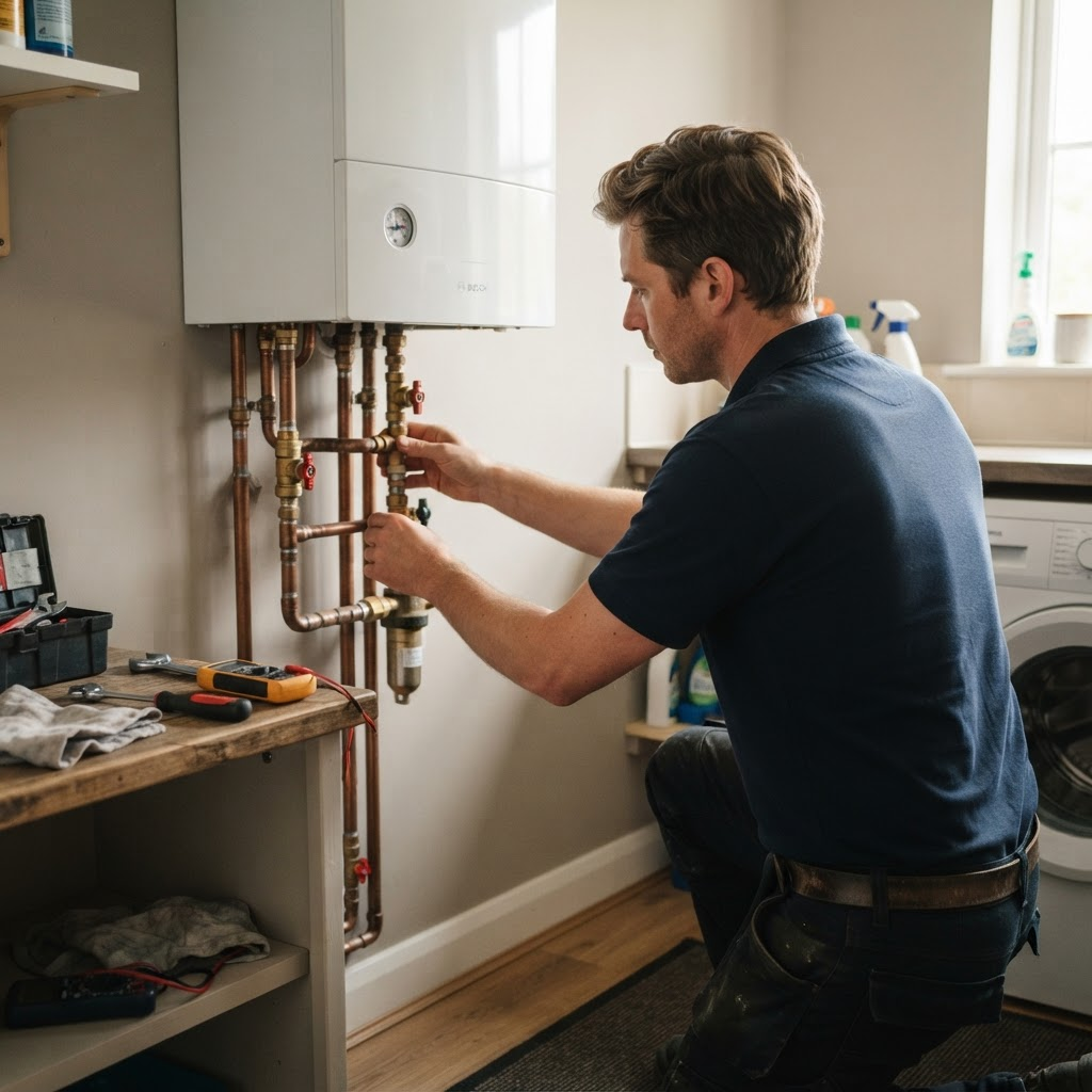 Illustrative photograph of a plumber inspecting the pipework beneath a domestic boiler